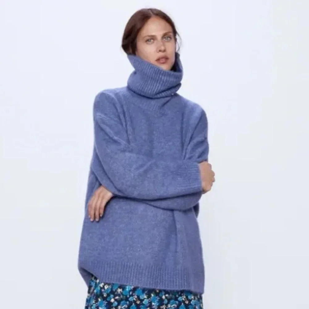Zara Oversized Knit Turtleneck Sweater Jumper Dusty Blue Size Medium - Picture 2 of 8